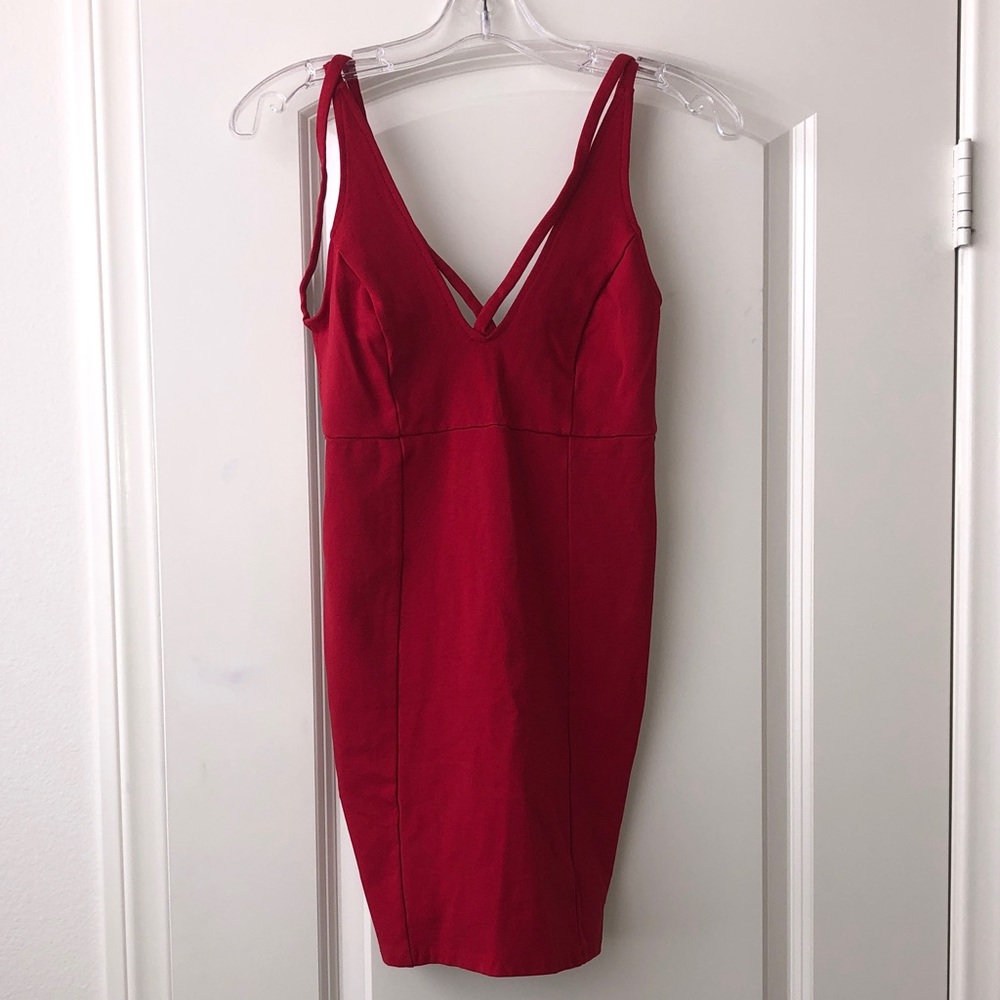 Red V-Neck Mini Dress with Double Strap Detail